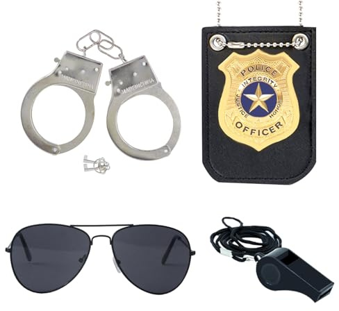 ZUCOS Costume da polizia, per bambini, poliziotto, manette, occhiali da sole, distintivo, cop swat, accessorio per giochi di ruolo, Halloween, costume da festa (4 pezzi, medio)