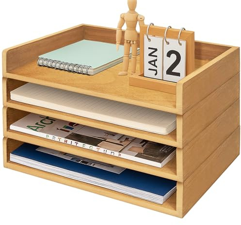 Prolee Stackable Paper Tray,Wooden Paper Organizer for Desk with 4 Letter Trays,Papers Holder and Office Document Organizer Shelf for Mail File Document(Oak,14 x 9.5 x 2.5)