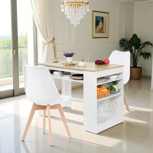 EGGREE Esstisch mit 2 Stühlen Essgruppe, Bartisch Set, Schreibtisch mit AC-Steckdosen und USB-Anschlüssen, 111cm Küchentisch mit 4 Ablagen für Wohnzimmer, Küche(Weiß Eichentisch+2 Weiß Stühle)