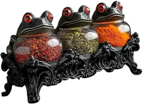 HYKJSHED Frascos de especias de boticario con forma de rana bruja, frascos de especias únicos, recipientes góticos for guardar alimentos con tapas de rana, almacenamiento de especias en la cocina