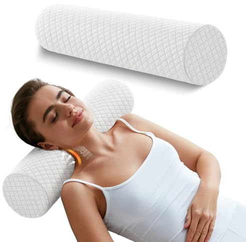 Sino Salected Memory Foam 4 Round Pillow, Cervical Neck Pillow for Pain Relief, Cylinder Pillows 18x 4, Removable Cover, Neck Roll Pillow for Sleeping, White Plaid