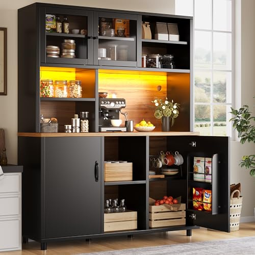 BTM Kitchen Dresser and Display Cabinets Tall Kitchen Cupboard with Glass Doors & LED Lights, Coffee Station Cabinet, Black