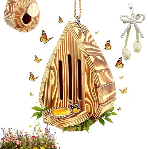 Teardrop Shaped Wooden Butterfly House, Butterfly House For Garden, Hanging Butterflys Habitat & Feeder with Rope, Outdoor Butterflys Shelter, with Puddler, for Balcony Yard Garden Decor (1pc)