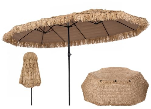 COSTWAY Dubbelsolparasoll 450x260 cm, solparasoll Hawaii, trädgårdsparasoll med vev, stort XXL halmparasoll, terrassparasoll, marknadsparasoll för trädgård, terrass & pool