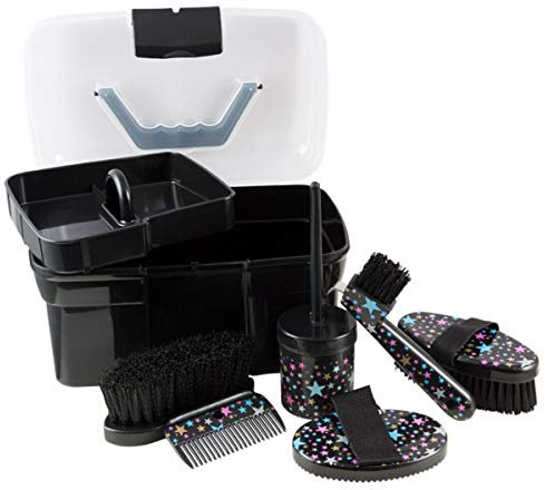 Pfiff 101752 gefüllte Putzkiste Sternenzauber, Putzbox mit Putzzeug Pferdepflege Schwarz