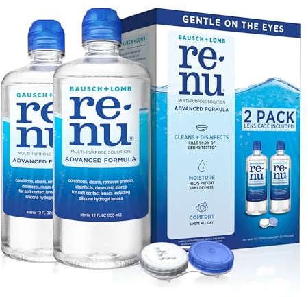 Renu Contact Lens Solution, Advanced Formula, Multi-Purpose Solution with Lens Case, Gently Cleans, Disinfects, Moisturizes & Hydrates Soft Lenses for All-Day Comfort, 12 Fl Oz (Pack of 2)