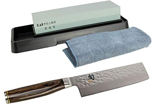 Kai SHUN Premier Tim Mälzer TDM-1742 NAKIRI | Coltello damascato giapponese ultra affilato | lama 14 cm | + pietra per affilare KAI AP-0305 | grana 400/1000 + panno per lucidatura premium