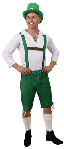 Leprechaun kostym för vuxna – XXXLarge – gröna Lederhosen byxor + vit skjorta + grön topphatt med guldspänne – St Patricks Day irländsk maskeraddräkt