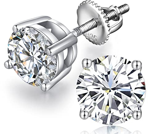 Jiamiaoi Pendientes Hombre, Pendientes Plata De Ley Para Hombres Mujeres, Pendiente Diamante Circonita De Tuerca, Chapados En Oro Blanco 18 Quilates