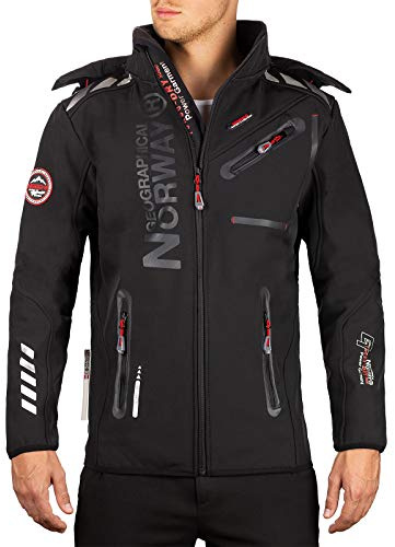 Geographical Norway Softshell jacka, funktionell jacka, vindjacka med huva, vindskydd, ståkrage, köldtålig, utomhus, vandring, camping, Svart - svart, XXL