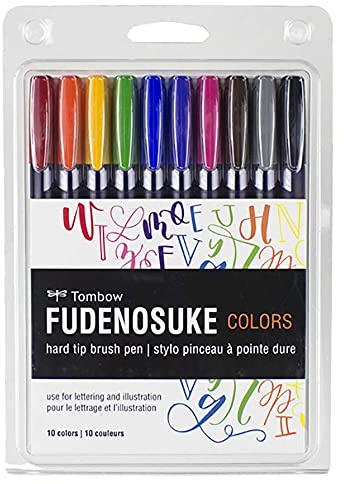 Tombow 56429 Fudenosuke Colors Brush Pens, 10-Pack. Hard Tip Fudenosuke Brush Pens in Assorted Colors for Calligraphy and Art Drawings