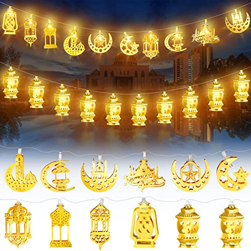 Ramadan Eid Lichterkette 2 Stück Batteriebetriebene Mond Stern Laterne Lampe Mubarak Mond Lichterketten Dekorative Lichterketten Ramadan Dekoration für Zimmer, Jeweils 6,56 Feet 10 LEDs
