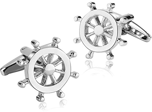 Gemelos bonitos, gemelos de acero inoxidable plateado, timón clásico para camisa de esmoquin, accesorios para novio, padrinos de negocios, regalo del padre, Sin piedras preciosas