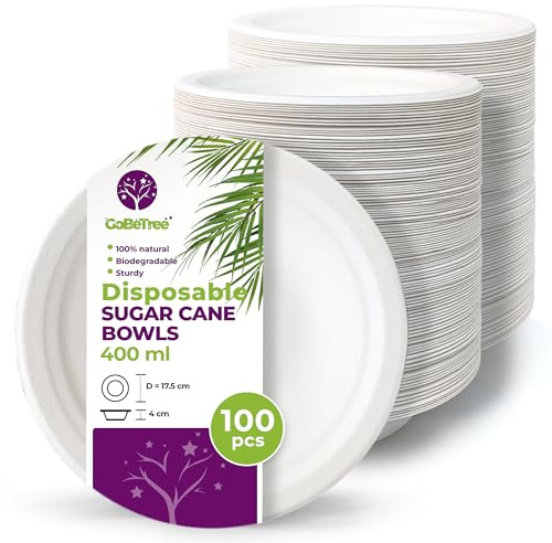 GoBeTree 100 Ciotole Usa e Getta Canna da Zucchero 400 ml. Ciotole per Cereali, Zuppa e Dessert, Microonde e Congelatore, Antiscivolo e Impilabili
