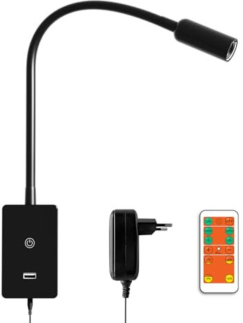 ENUOTEK Leselampe Bett Wandmontage, LED Wandleuchte Bettlampe Fernbedienung, 4W Touch Dimmbar Leseleuchte, 240Lm Spotlight Leselicht mit 2A USB Ladeanschluss, Schwanenhals Wandlampe 4000K Buchlampe
