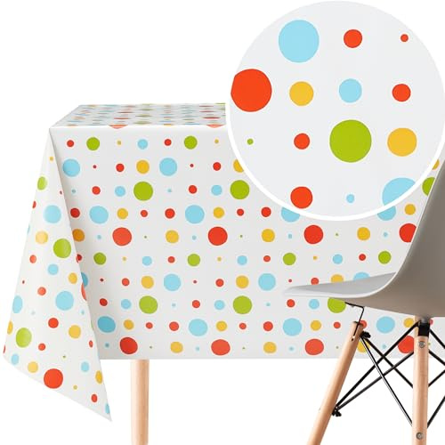 KP HOME White PVC Table Cloth - Wipe Clean Tablecloth Oilcloth in Polka Dot Print - Square 140x140 cm 55x55 In 4 Seats Wipeable Waterproof Plastic Table Cover Outdoor Protector Vinyl Kids