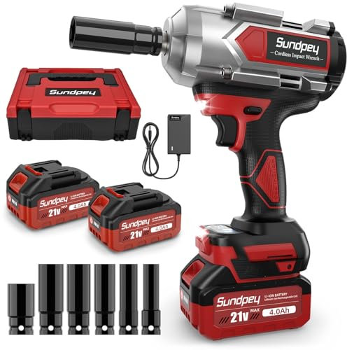 Sundpey Cordless Impact Wrench 1200Nm - 900lbf-ft High Torque Impact Gun 1/2 inch with 2 × 4.0Ah Battery - 2600RPM Brushless Impact Driver Set with 6 Sockets & Charger & Carry Case for Car Tire Truck