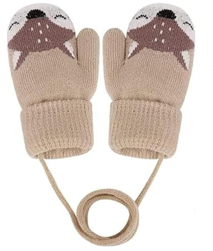 CUEMOON 1 Paar Babyhandschuhe Winter, Babyhandschuhe 1-3 Jahre, niedlicher Bär Fuchs Cartoon Kinderhandschuhe Mädchen Jungen Winter gestrickt gepolstert, Khaki