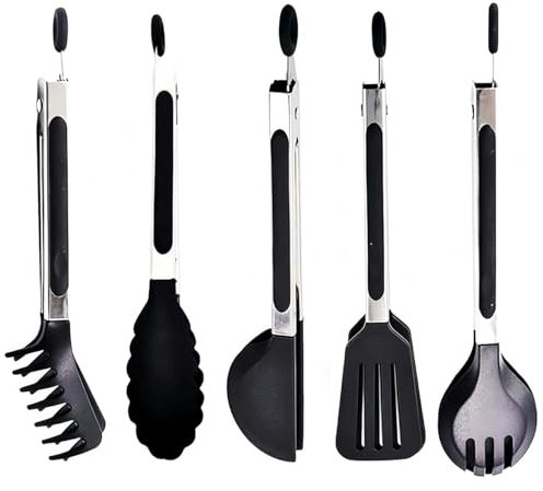 MHwan Küchenzange, 5 Stück Multifunktionale Grillzange Edelstahl, die den Topf Nicht Beschädigen, BPA-Frei, Lebensmittelechtem Silikon mit Verbrühschutz Rutschfestigkeit Zange Küche,Waschmaschinenfest