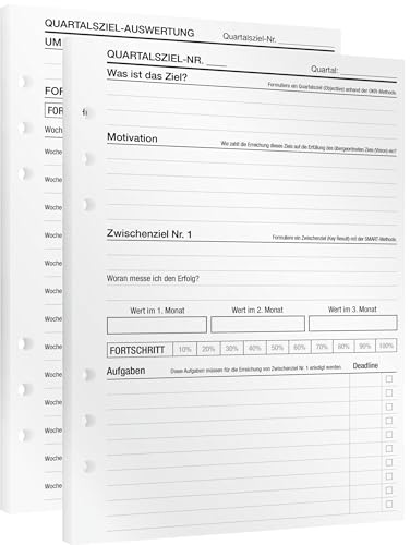 KOMPASS® Quartalsziele | 30 DIN-A5-Einlagen für Ringbuch-Planer | Ziele erreichen mit OKR-Methode inkl. Aufgabenplanung & Reflexion | Kalender-Einlagen für Tagesplaner, Monatsplaner Bullet Journal