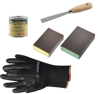 Grilith Holzkitt - Spachtelmasse für Holz, ideal zur Holzreparatur - Holzspachtelmasse mit Schleifblöcke K100 & K180 und Spachtel, Buche 100ml