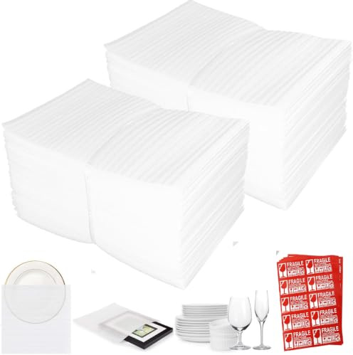 WEFHEF 120 Hojas de Espuma Amortiguadora 20 x 20 cm, Bolsa de Envoltura de Burbujas con Etiquetas, Espuma Embalaje de Burbujas para Mudanzas, para Vajilla, Vasos, Botellas de Vino Platos de Porcelana
