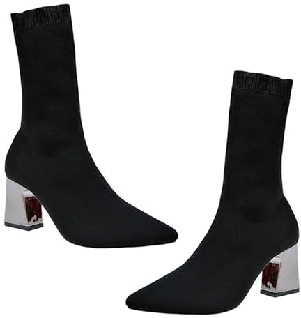 HORIALENCE Botas De CalcetíN Para Mujer Con TacóN Alto Grueso Y Punta Puntiaguda Zapatos De Invierno CóModos Y EláSticos Para OtoñO Fiesta Y Uso Diario