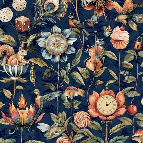 World of Wallpaper Curious Creatures Quirky Animal Themed Wallpaper with Lush Drawn Plants for Feature Walls, Bedrooms, Living Rooms, Cloakrooms in Navy Blue 50472