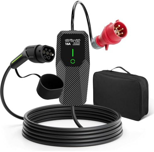 Junsun 11kW 16A Typ 2 Ladekabel mit CEE Stecker für Elektrofahrzeuge, 5 Meter, IP65 Wasserdicht, mit Tragetasche, Mobile Wallbox, 6-16A Einstellbarer Strom