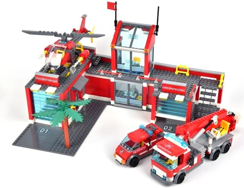 DrmBeyd City Fire Station Building Kits, Including Fire Station, Truck, Helicopter, City Building Blocks Toys with Minifigures, Home Office Decor Gifts for Adults (758 PCS)