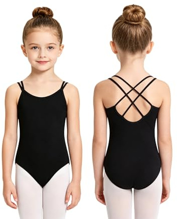 JoyBound Girls Ballet Camisole Leotard, Black & Nude & Purple Seamless Ballet Dance Gymnastics Leotard with Adjustable Straps, Crossed Back, Sizes 3-13 Years (Deep Black, 9-10 Years)