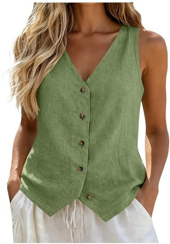 Chaleco De Algodón Y Lino para Mujer Botones Frontales Cuello En V Camisas Verano Mujer Verano Algodón Y Lino Transpirable Chalecos Elegante para Negocios Casual Oficina Trabajo Holgadas Casuales