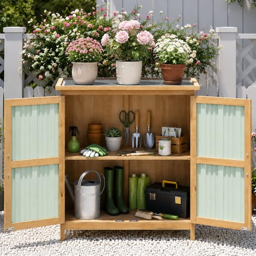 Aoxun Outdoor Storage Cabinet, Wooden Garden Shed Tool Storage with Adjustable Shelf, Magnetic Door Closure, Rust Resistant Handle, Raised Base for Garden Patio, 81.5 x 34 x 96 cm, Black