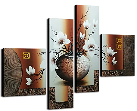 Wieco Art Large Size Decorative Elegant Flowers 4 Panels 100% Hand-painted Modern Contemporary Artwork Floral Oil Paintings on Canvas Wall Art for Home Decorations Wall Decor L