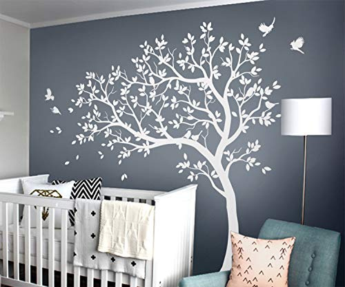 Large Tree Wall Decals Wall Tattoo Large Nursery Tree Decals Wall Mural Removable Vinyl Wall Sticker (Leaning Left, White)