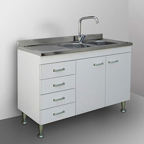 Yellowshop | Mobile sottolavello cm 120 con cassettiera Completo di lavello Inox Serie Basic Colore Bianco (Versione SX)