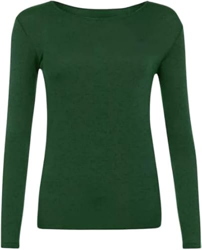New Ladies Long Sleeve Round Neck Plain Basic Women's Stretch T-Shirt (Green, 14)