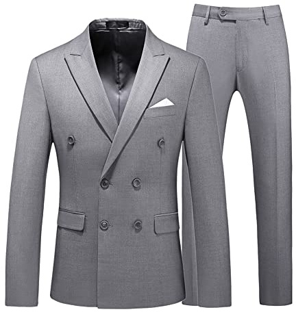 YOUTHUP Abito da Uomo 2 Pezzi Completo Doppio Petto Formale Slim Fit Tuta Peak Lapel Giacca e Pantaloni Grigio, XL