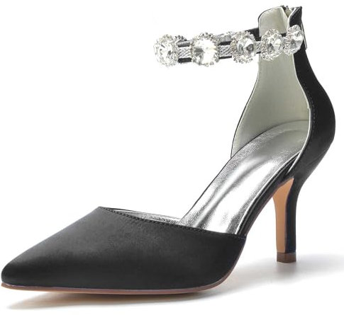 GeRRiT Women's Wedding Shoes Pointed Toe 3.14 Inches Stiletto Kitten Heels Zipper Satin Pumps with Mary Jane Flower Bridal Shoes Black