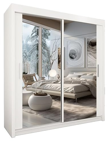 Style Heaven Modern Sliding Door Wardrobe for Bedroom,Matt Finish,2 Mirrored Sliding Doors wardrobes 10 Adjustable Shelves & 4 Hanging Rail,made of MDF Chipboard,aluminium Handles Chicago(203cm White)