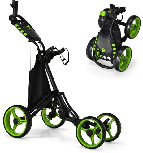 GYMAX 4 Wheels Golf Push Pull Cart, Lightweight Height Adjustable Golf Trolley with Storage Bag, Foot Brake, Umbrella Holder and Built-in Cooler, Foldable Golf Bag Holder (Green)