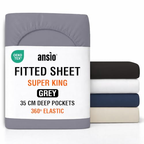 ANSIO® Super King Fitted Sheet Soft Brushed Microfibre Fabric – Extra Deep Pocket 35cm – All-Around Elastic – OEKO-TEX Certified – Easy Care & Naturally Smooth After Wash - Grey