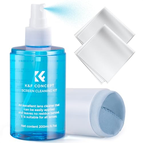 K&F CONCEPT Screen Cleaner 200ml with Microfibre Towels 16 * 18cm and Microfiber Cleaning Cloth 15 * 15cm, for TV, Laptops, Computers, Monitors, Phones, Tablets | 7.04oz Screen Cleaning Kit (200ml)