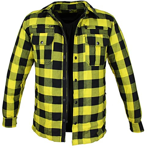 Motorradhemden Biker Hemdjacke Wasserdicht & Winddicht Motorrad Kariertes Hemd mit Protektoren Jacke Flanell Lumber Aramid (DE/NL/SE/PL, Alphanumerisch, XXL, Regular, Regular, Gelb)