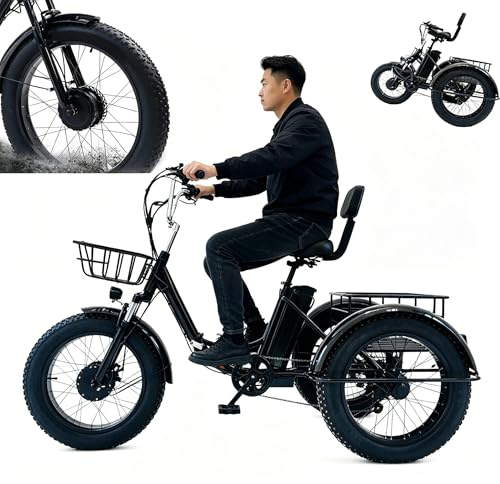 Tricycle éLectrique Pliable Pour Adulte,20 Pouces Pneus Larges,éCran Lcd NuméRique (Vitesse,KiloméTrage,Puissance,Temps),Batterie Amovible 48 V/13 Ah, Autonomie 32 Km,Pour Courses Et Pique-Niques