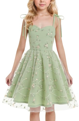 Happy Cherry - Vestido de Boda Niña con Tul y Bordado de Flores sin Mangas Tirantes para Fiesta Bautizo Ceremonia Niñas Infantil Vestidos de Princesa Tutú de Espagueti - 6-7 Años - Verde