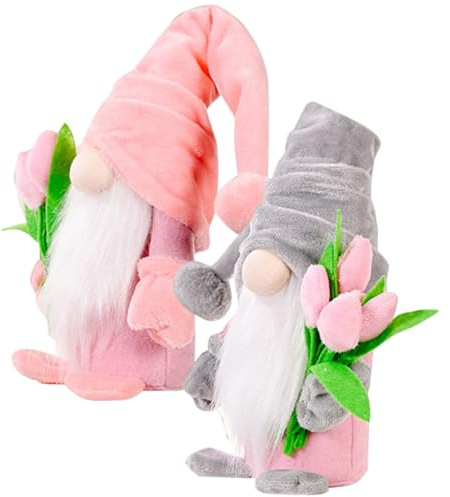 Beaupretty Lot de 2 Poupées Naines sans Visage Décoratives Rose et Gris Figurines Gnomes de Table Bouquet de Tulipes Décoration de Bureau Festive pour Fête des Mères Résistant à l'usure