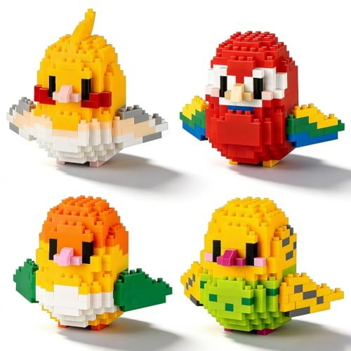 Lot de 4 Mini Blocs de Construction pour Oiseaux- Motif Oiseau Perroquet - Figurine Animale pour Adultes - Micro Briques - Oiseaux - Animaux - Jouet de Construction - Cadeau d'anniversaire pour