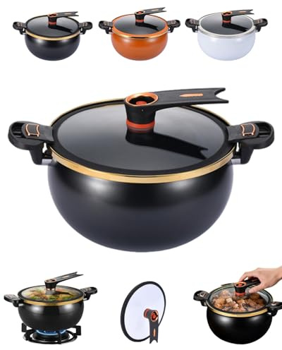 Twisting Handle Pot, 8L Micro Pressure Cooker, Non Stick Stewpot with Locking Lid, Large Capacity Soup Stockpot for Gas Induction Stove, Low Press Safety Valve, Fast Cooking Cookware(Black)