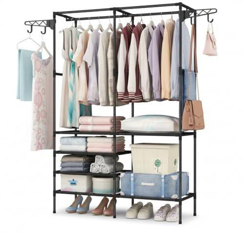 Scaffale Appendiabiti con Struttura in Metallo e Ripiani in Stoffa 108x36x170 cm – Armadio Aperto con Barra per Vestiti, Mensole Portaoggetti e Ganci Laterali – Organizer Salvaspazio per Camera
